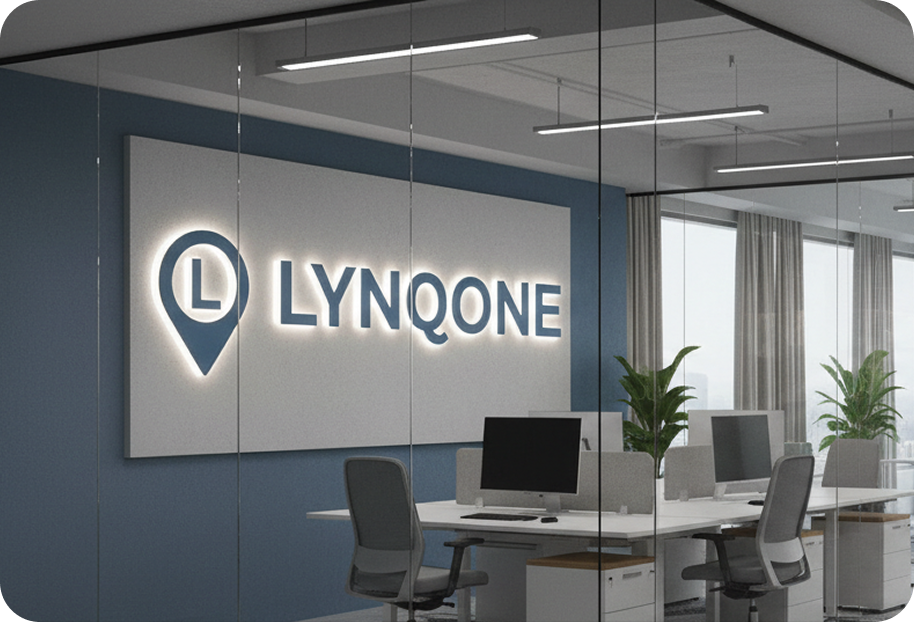 LynqOne office with branded signage
